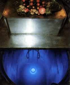 图 钴60的辐照装置。正在进行蔬菜的辐照保鲜试验，蓝光为切伦科夫辐射