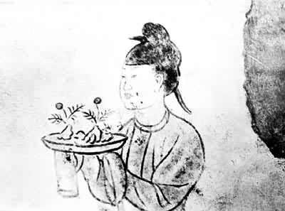 唐代墓画中的侍女手捧盆景图