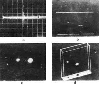 图2　钛合金制件中2个夹杂物的4种超声波显示方式　a A型显示 b B型显示 c C型显示 d 三维显示
