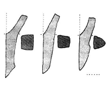 波利尼西亚古代文化的有段石锛及剖面（左、右：塔希提岛出土，中：夏威夷岛出土）