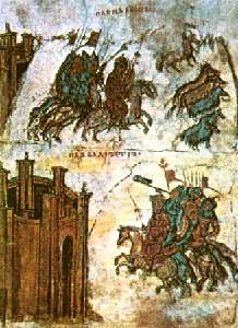 基辅罗斯对保加尔人的战争(上图：基辅大公率军前进；下图：969年基辅罗斯征服多罗斯达）