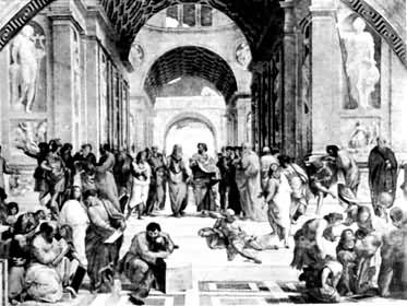 文艺复兴时期意大利画家拉斐尔绘的《雅典学派》图中站立者为柏拉图和亚里士多德