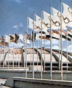 奥运会会场飘扬着奥林匹克会旗