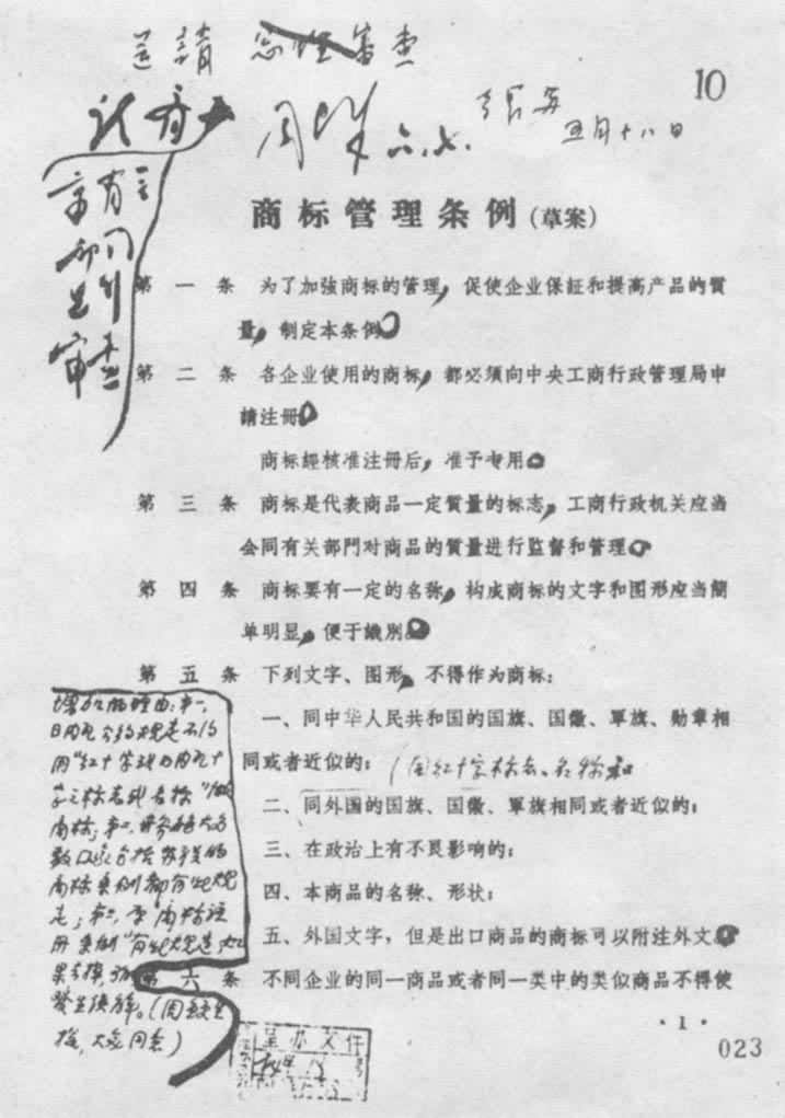 1960年周恩来总理在《商标管理条例》（草案）上批注的意见