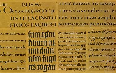 拉丁文字在西欧的发展情况（1、2）安色尔字体文字（公元前5世纪末）（3）卡罗琳字体文字（公元8世纪）（4）哥特式字体文字（公元15世纪）（5）卡罗琳字体文字（文艺复兴时期）（6）斜体字体文字（公元15世纪）