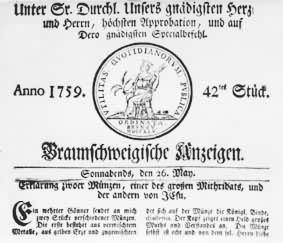 1759年德国出版的以刊登广告和商业消息为主的《不伦瑞克通告报》