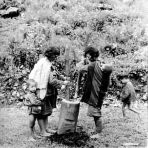 独龙族群众过去使用的舂米用具──木碓