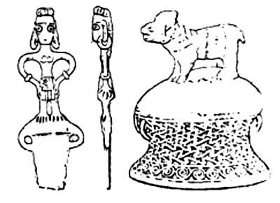 东山文化铜器（左：人形剑柄　右：铜鼓模型）